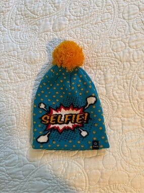Chaos adult Teal Beanie with Yellow Pom and Multicolor 'SELFIE' Graphic